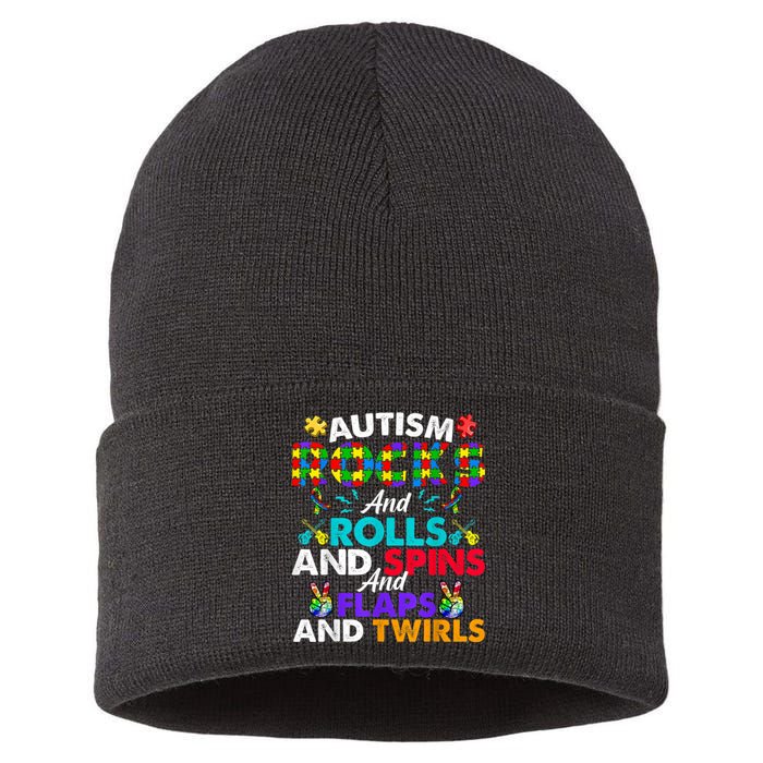 Autism Rocks And Rolls Funny Autism Awareness Month Sustainable Knit Beanie