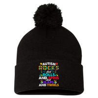 Autism Rocks And Rolls Funny Autism Awareness Month Pom Pom 12in Knit Beanie