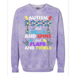 Autism Rocks And Rolls And Spins And Flaps And Twists Colorblast Crewneck Sweatshirt