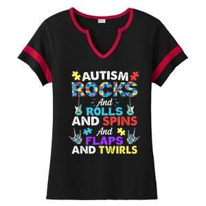 Autism Rocks And Rolls And Spins And Flaps And Twists Ladies Halftime Notch Neck Tee