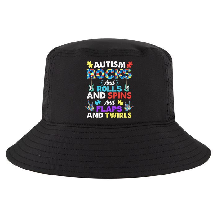 Autism Rocks And Rolls And Spins And Flaps And Twists Cool Comfort Performance Bucket Hat