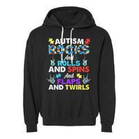 Autism Rocks And Rolls And Spins And Flaps And Twists Garment-Dyed Fleece Hoodie