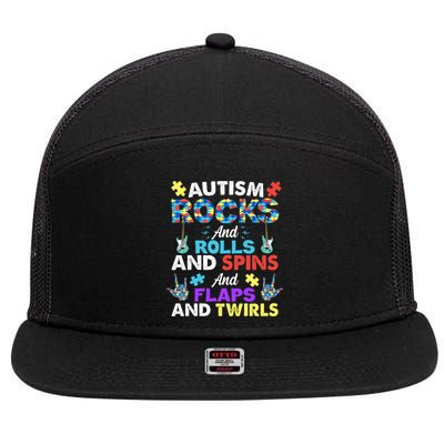 Autism Rocks And Rolls And Spins And Flaps And Twists 7 Panel Mesh Trucker Snapback Hat