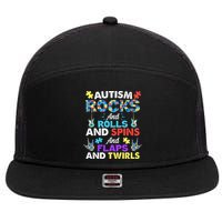Autism Rocks And Rolls And Spins And Flaps And Twists 7 Panel Mesh Trucker Snapback Hat