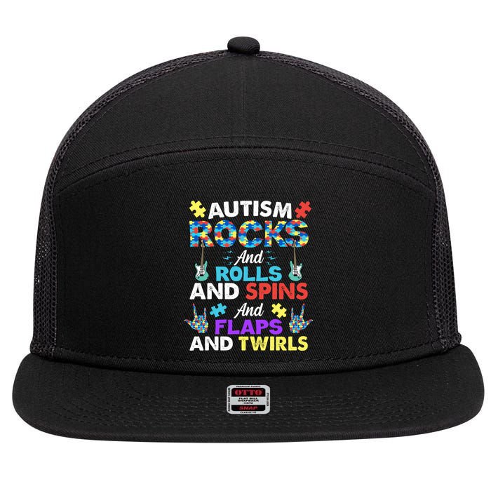 Autism Rocks And Rolls And Spins And Flaps And Twists 7 Panel Mesh Trucker Snapback Hat