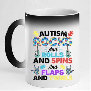 Autism Rocks And Rolls And Spins And Flaps And Twists 11oz Black Color Changing Mug