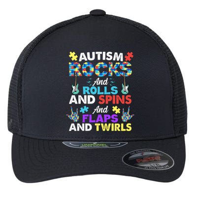 Autism Rocks And Rolls And Spins And Flaps And Twists Flexfit Unipanel Trucker Cap