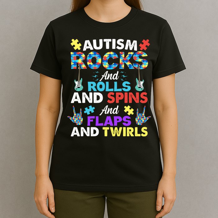 Autism Rocks And Rolls And Spins And Flaps And Twists T-Shirt