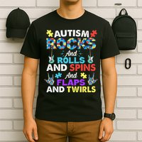 Autism Rocks And Rolls And Spins And Flaps And Twists T-Shirt