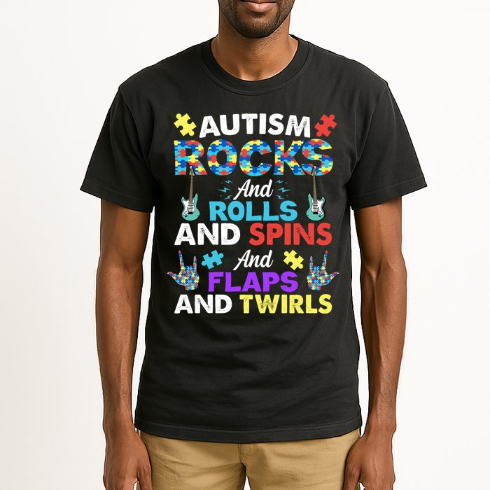 Autism Rocks And Rolls And Spins And Flaps And Twists Tall T-Shirt
