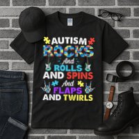Autism Rocks And Rolls And Spins And Flaps And Twists Tall T-Shirt
