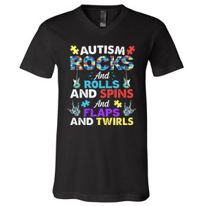 Autism Rocks And Rolls And Spins And Flaps And Twists V-Neck T-Shirt