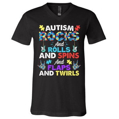 Autism Rocks And Rolls And Spins And Flaps And Twists V-Neck T-Shirt