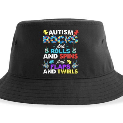 Autism Rocks And Rolls And Spins And Flaps And Twists Sustainable Bucket Hat