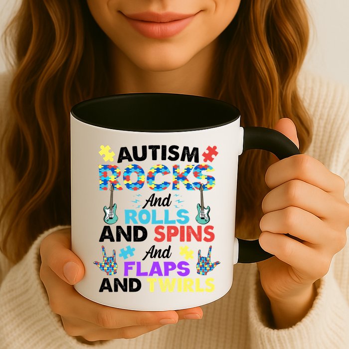 Autism Rocks And Rolls And Spins And Flaps And Twists Mug