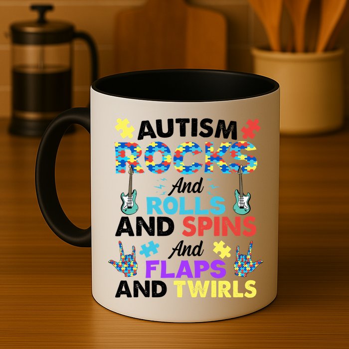 Autism Rocks And Rolls And Spins And Flaps And Twists Mug