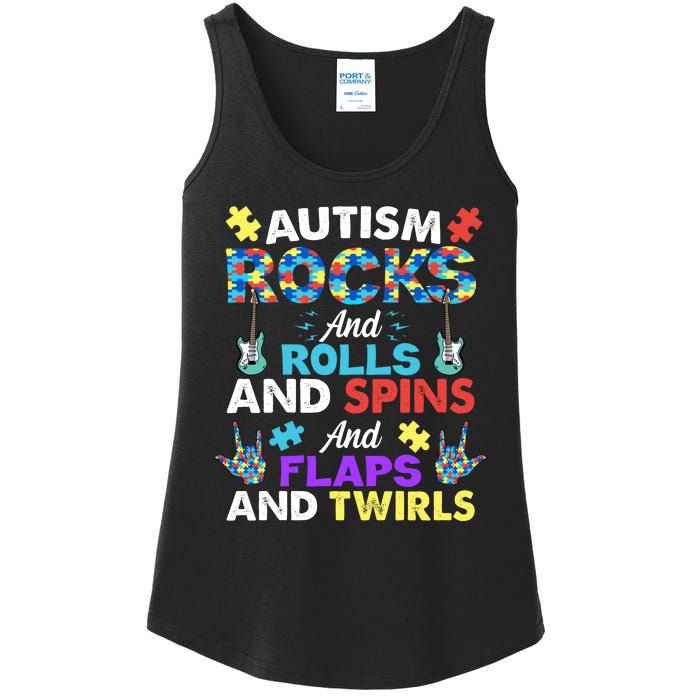 Autism Rocks And Rolls And Spins And Flaps And Twists Ladies Essential Tank