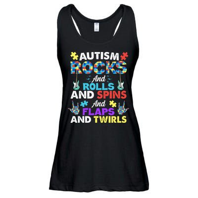 Autism Rocks And Rolls And Spins And Flaps And Twists Ladies Essential Flowy Tank