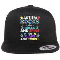 Autism Rocks And Rolls And Spins And Flaps And Twists Flat Bill Trucker Hat