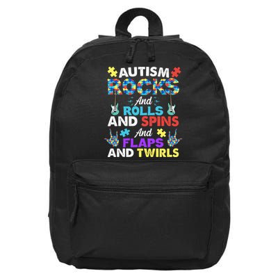 Autism Rocks And Rolls And Spins And Flaps And Twists 16 in Basic Backpack
