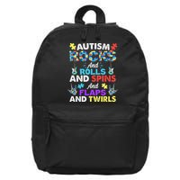 Autism Rocks And Rolls And Spins And Flaps And Twists 16 in Basic Backpack