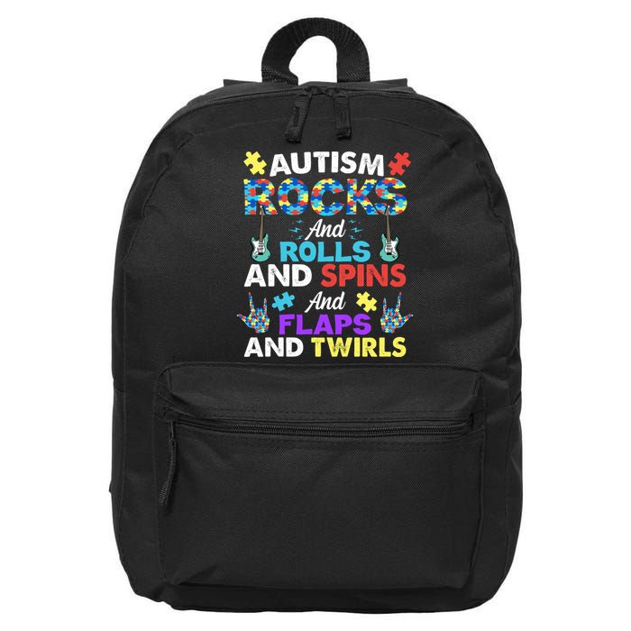 Autism Rocks And Rolls And Spins And Flaps And Twists 16 in Basic Backpack
