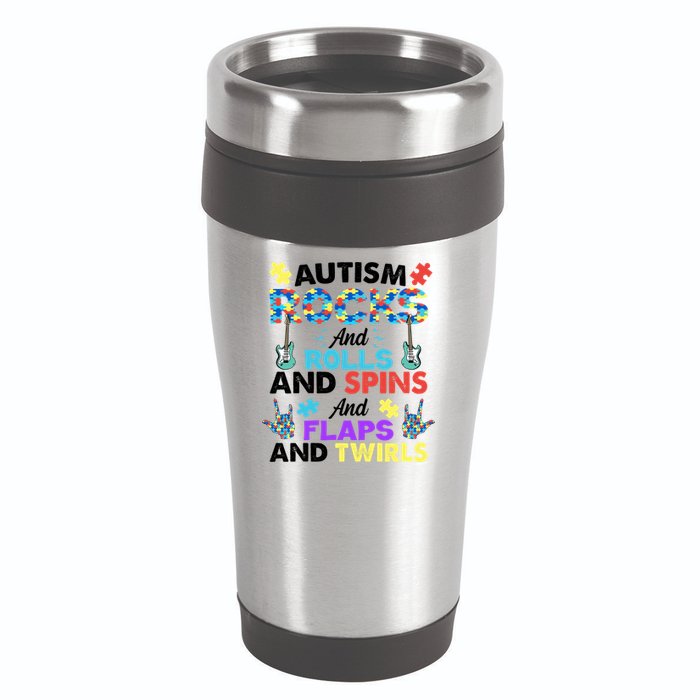 Autism Rocks And Rolls And Spins And Flaps And Twists 16oz Travel Tumbler