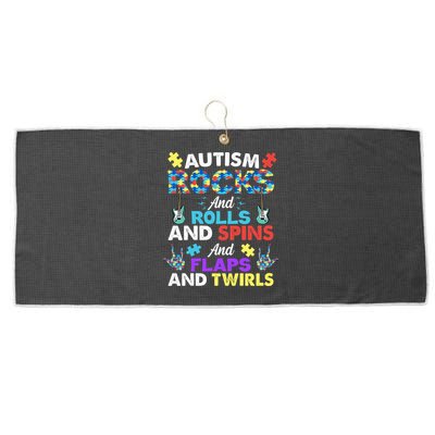 Autism Rocks And Rolls And Spins And Flaps And Twists Large Microfiber Waffle Golf Towel