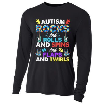 Autism Rocks And Rolls And Spins And Flaps And Twists Cooling Performance Long Sleeve Crew