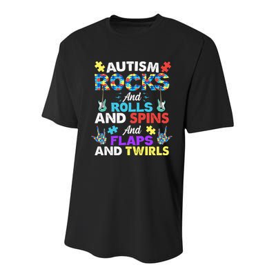 Autism Rocks And Rolls And Spins And Flaps And Twists Youth Performance Sprint T-Shirt