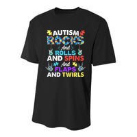 Autism Rocks And Rolls And Spins And Flaps And Twists Youth Performance Sprint T-Shirt