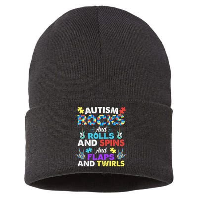 Autism Rocks And Rolls And Spins And Flaps And Twists Sustainable Knit Beanie