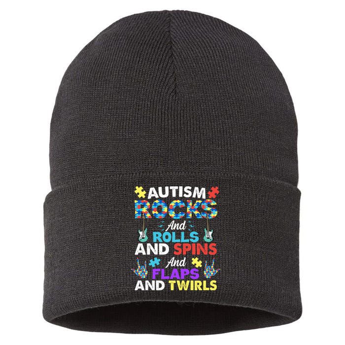 Autism Rocks And Rolls And Spins And Flaps And Twists Sustainable Knit Beanie