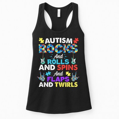 Autism Rocks And Rolls And Spins And Flaps And Twists Womens Tank Top