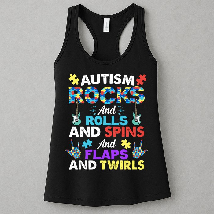 Autism Rocks And Rolls And Spins And Flaps And Twists Womens Tank Top