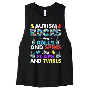 Autism Rocks And Rolls And Spins And Flaps And Twists Women's Racerback Cropped Tank