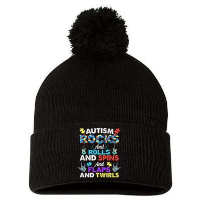 Autism Rocks And Rolls And Spins And Flaps And Twists Pom Pom 12in Knit Beanie