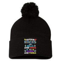 Autism Rocks And Rolls And Spins And Flaps And Twists Pom Pom 12in Knit Beanie