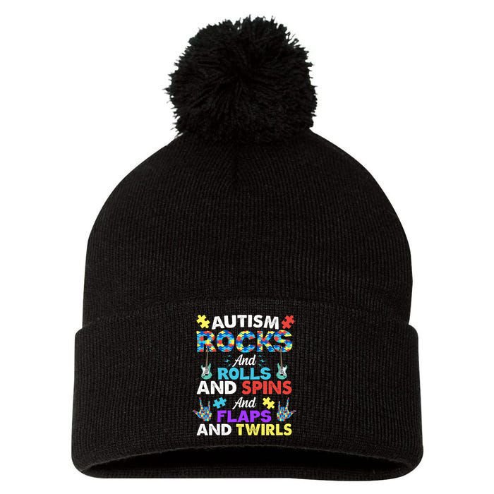 Autism Rocks And Rolls And Spins And Flaps And Twists Pom Pom 12in Knit Beanie