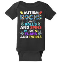 Autism Rocks And Rolls And Spins And Flaps And Twists Baby Bodysuit