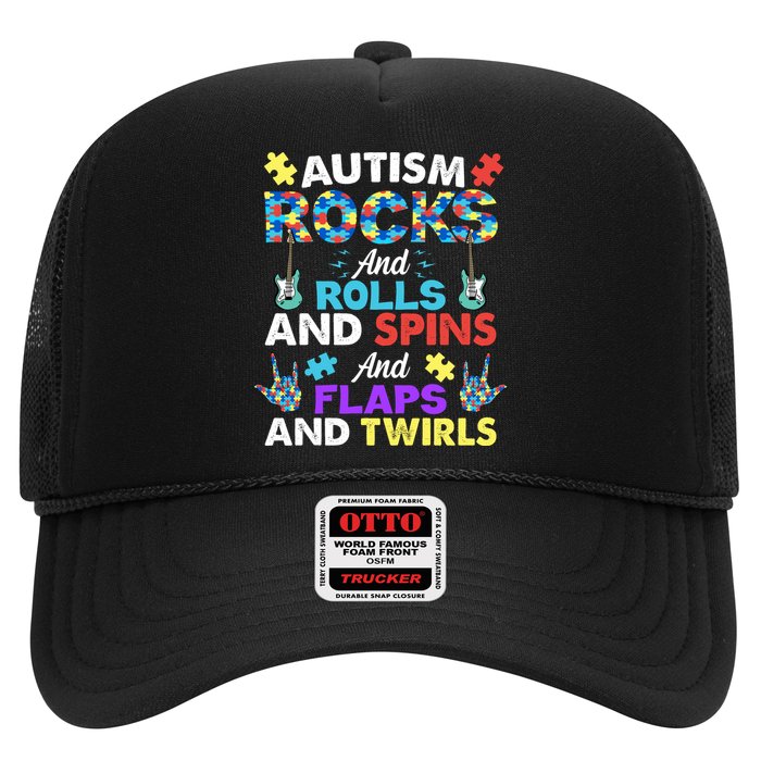 Autism Rocks And Rolls And Spins And Flaps And Twists Trucker Hat