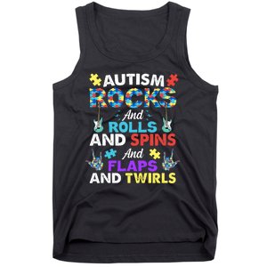 Autism Rocks And Rolls And Spins And Flaps And Twists Tank Top