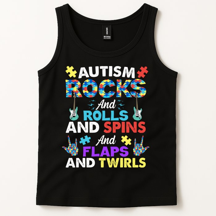 Autism Rocks And Rolls And Spins And Flaps And Twists Tank Top