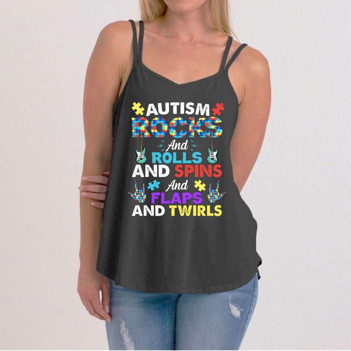 Autism Rocks And Rolls And Spins And Flaps And Twists Women's Strappy Tank