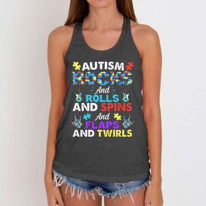 Autism Rocks And Rolls And Spins And Flaps And Twists Women's Knotted Racerback Tank