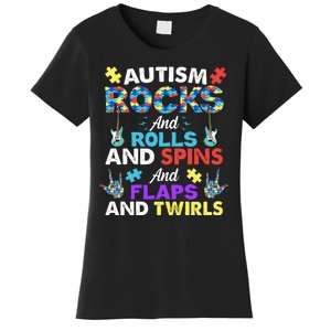 Autism Rocks And Rolls And Spins And Flaps And Twists Women's T-Shirt