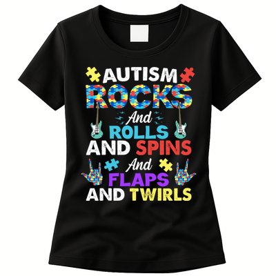 Autism Rocks And Rolls And Spins And Flaps And Twists Womens T-Shirt