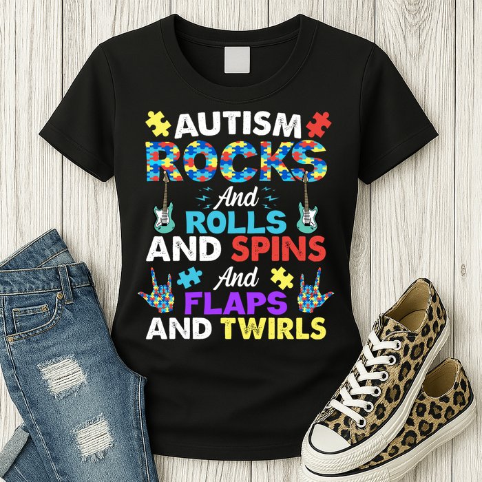 Autism Rocks And Rolls And Spins And Flaps And Twists Womens T-Shirt