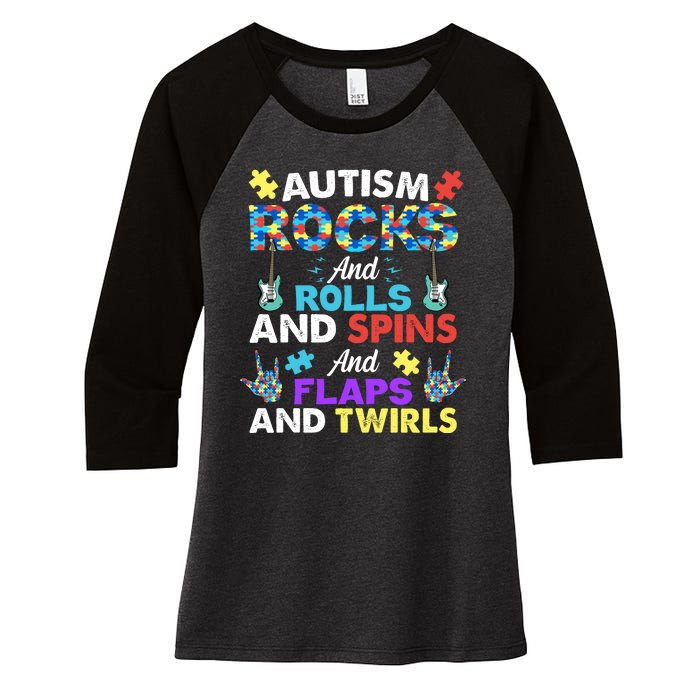 Autism Rocks And Rolls And Spins And Flaps And Twists Women's Tri-Blend 3/4-Sleeve Raglan Shirt