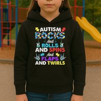 Autism Rocks And Rolls And Spins And Flaps And Twists Kids Hoodie